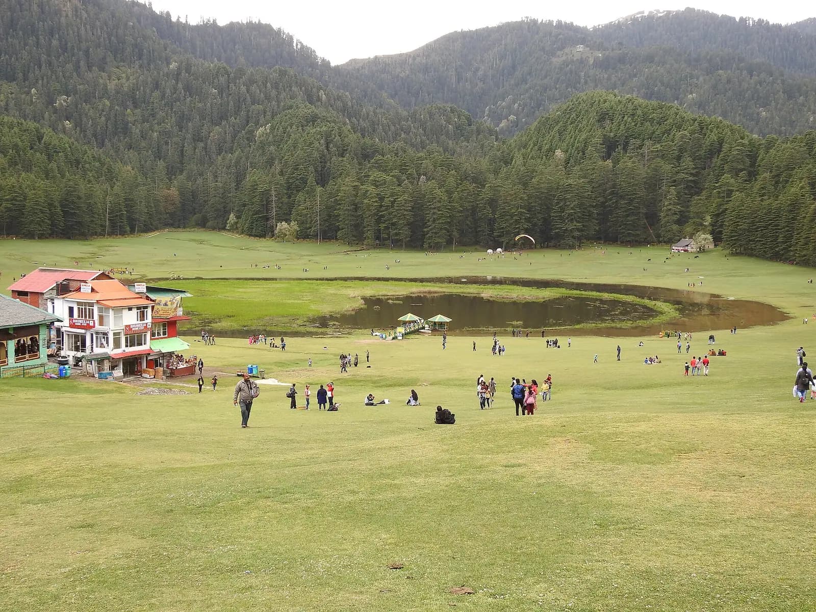 The circular grass meadow of Khajjiar ringed by deodar forest near Dalhousie, Himachal Pradesh
