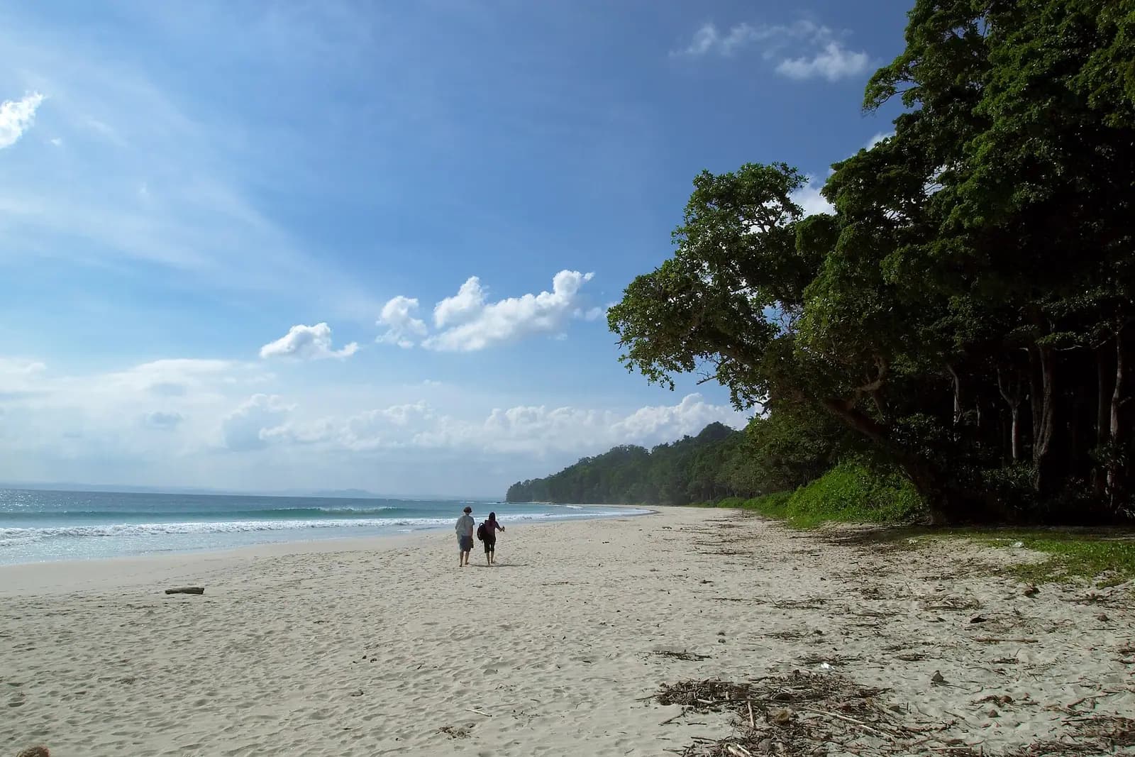 The wide white sand and clear shallows of Radhanagar beach on Havelock Island, Andaman