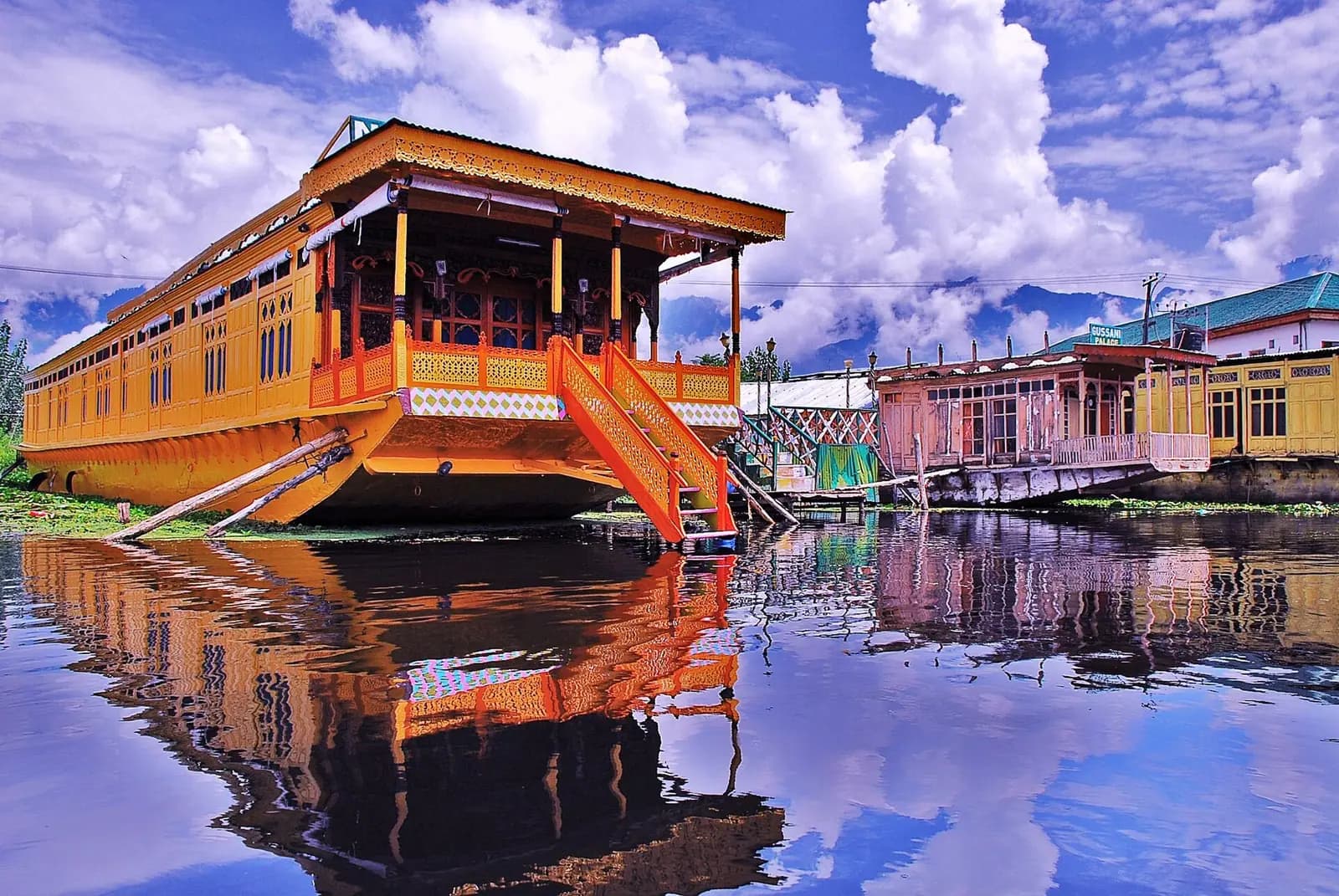 A carved wooden houseboat on Dal Lake at Srinagar, Kashmir