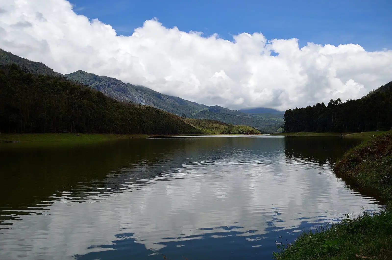 The reservoir at Mattupetty dam among tea hills near Munnar, Kerala
