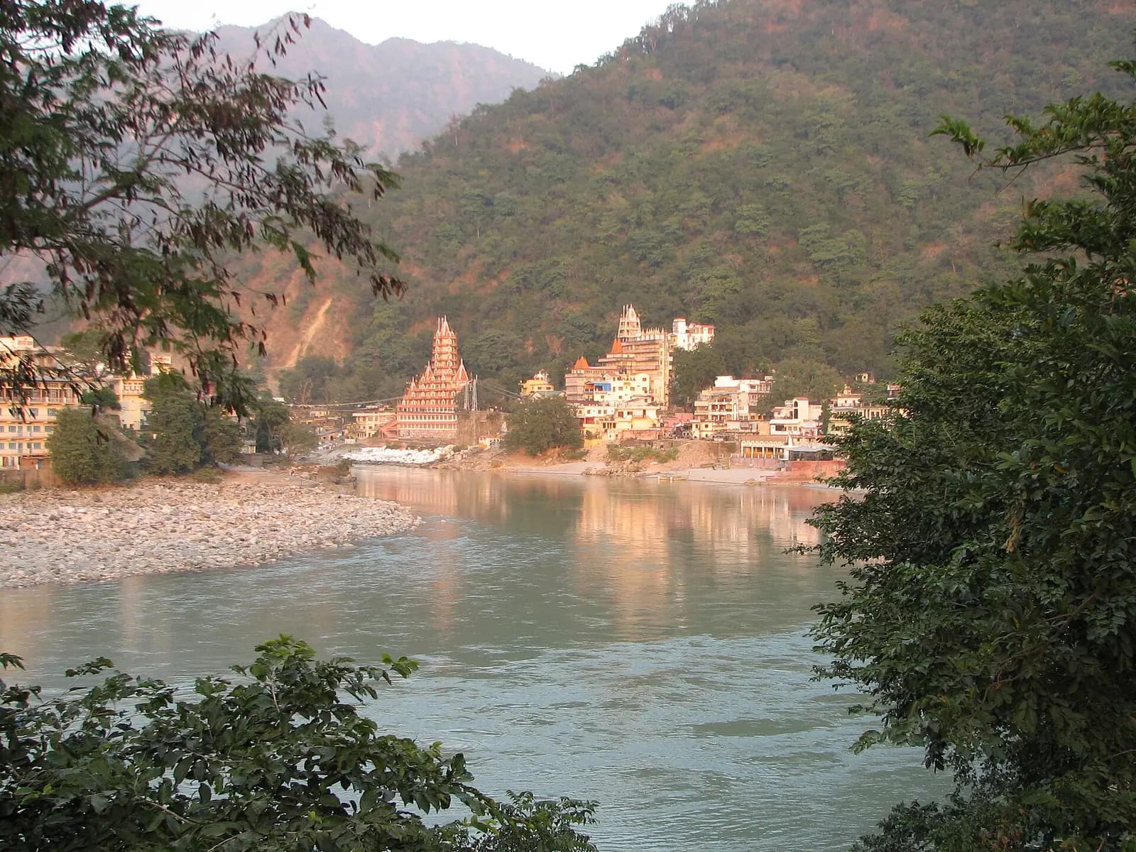 The Lakshman Jhula suspension bridge spanning the Ganges at Rishikesh, Uttarakhand