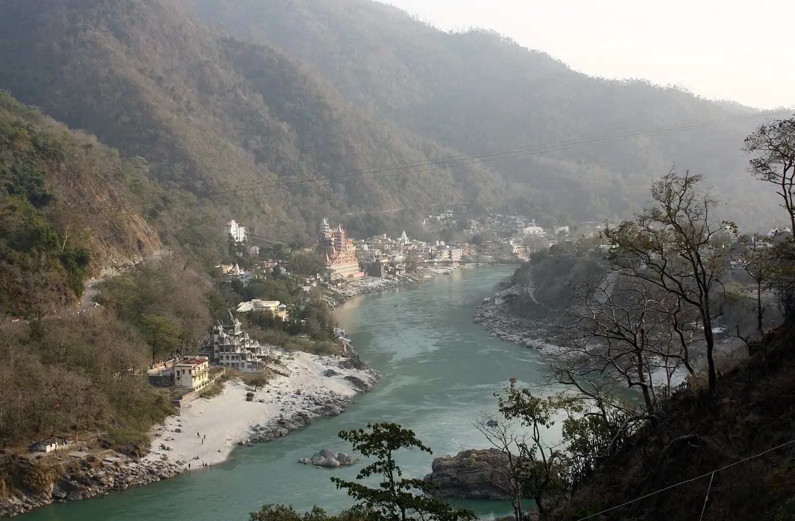 The Lakshman Jhula suspension bridge spanning the Ganges at Rishikesh, Uttarakhand