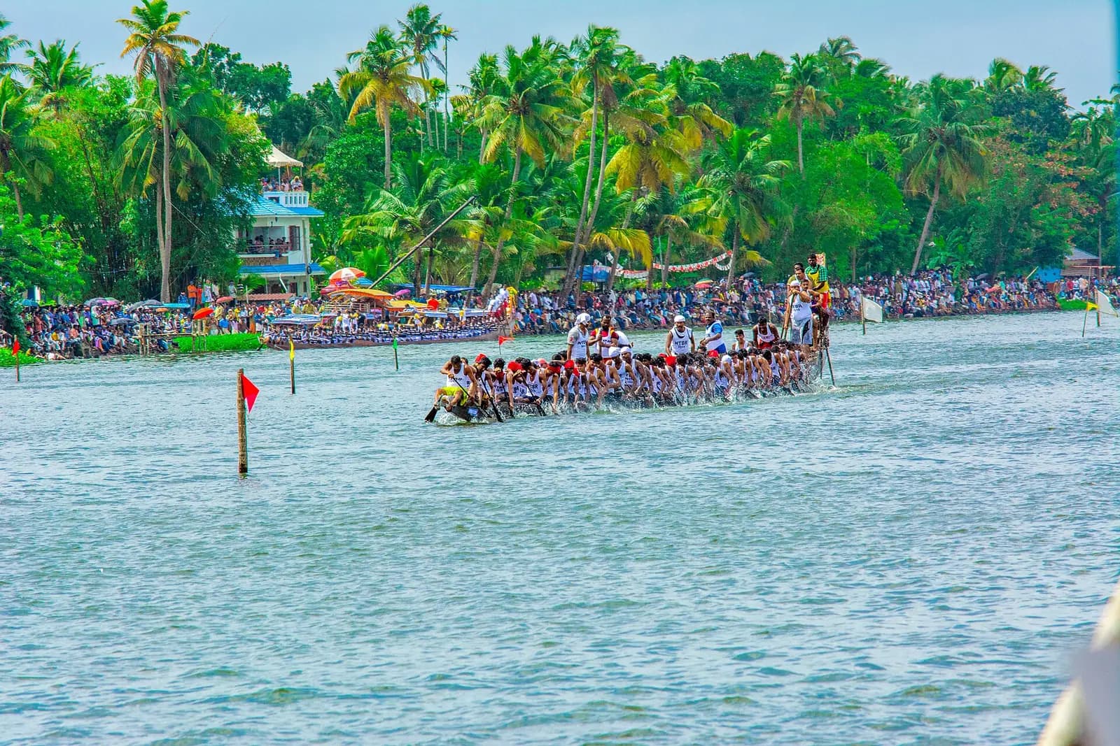 Rowers driving a long snake boat during a race at Alappuzha, Kerala