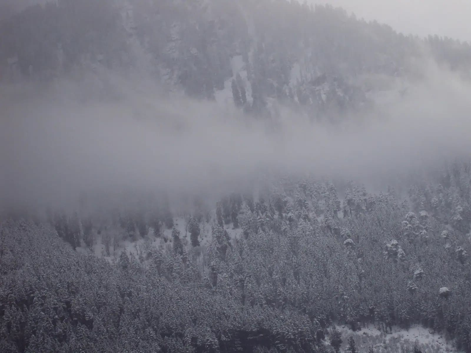 Snow and cloud over the mountains around Manali, Himachal Pradesh