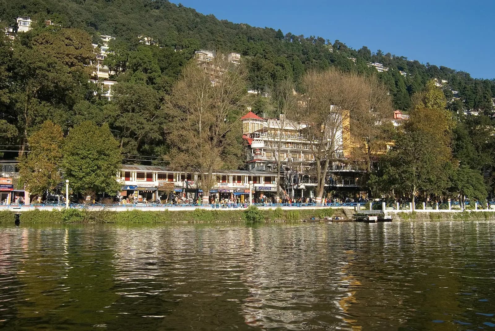 The lakeside Mall Road at Nainital below forested ridges, Uttarakhand