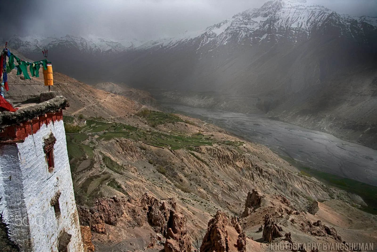 Dhankar Monastery perched on eroded cliffs above the confluence of the Spiti and Pin rivers