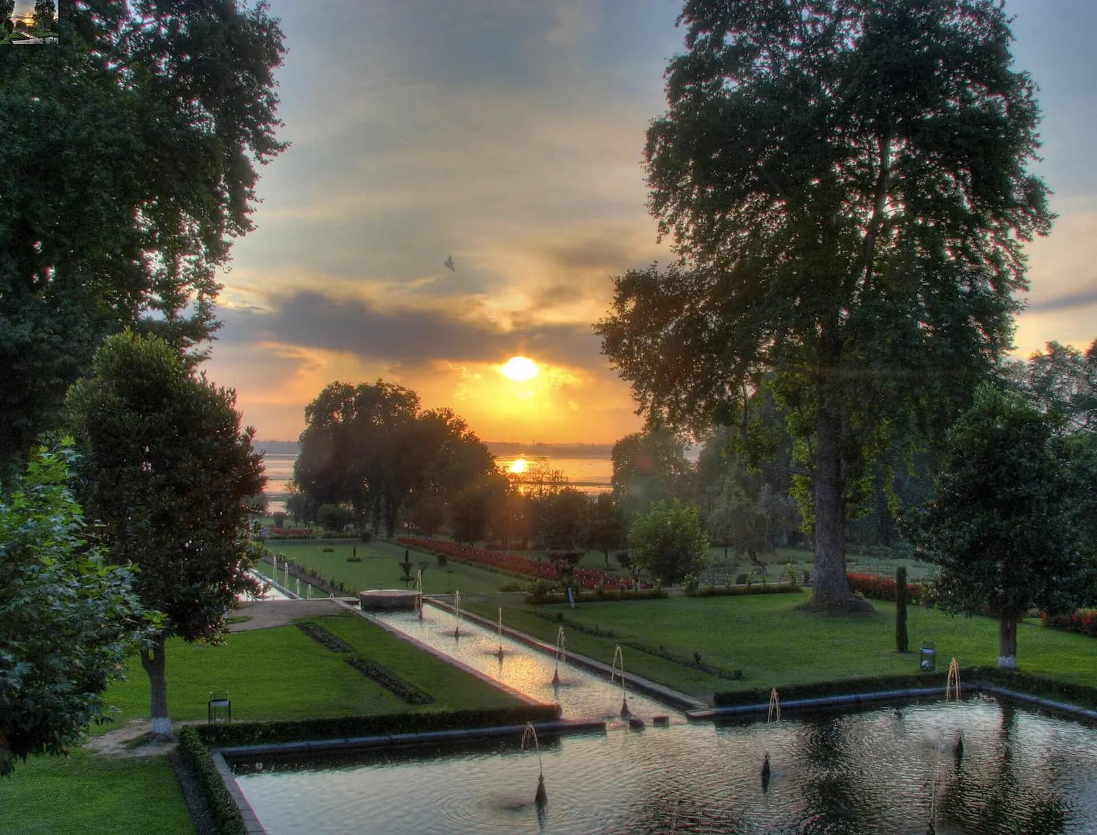 The terraced lawns and chinar trees of the Mughal garden Nishat Bagh in Srinagar